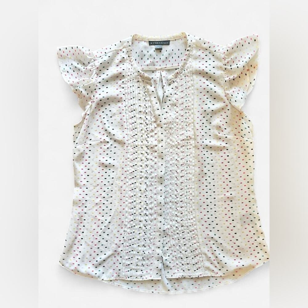 Flutter Sleeve Pleated Button Confetti Dash Print Top large blouse workwear